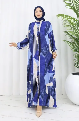 فستان بأزرار من قماش الفيسكوز 0051-01 أزرق داكن وبيج 0051-01