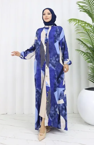 فستان بأزرار من قماش الفيسكوز 0051-01 أزرق داكن وبيج 0051-01