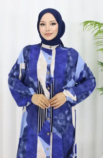 فستان بأزرار من قماش الفيسكوز 0051-01 أزرق داكن وبيج 0051-01