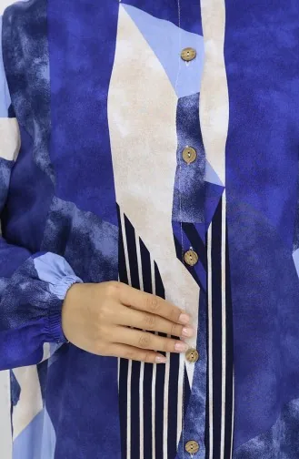 فستان بأزرار من قماش الفيسكوز 0051-01 أزرق داكن وبيج 0051-01