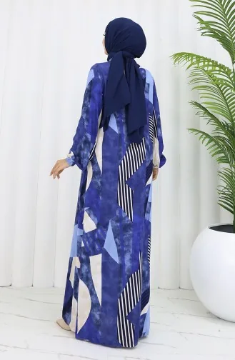 فستان بأزرار من قماش الفيسكوز 0051-01 أزرق داكن وبيج 0051-01