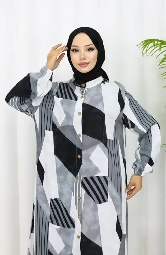 Viscose Stof Jurk Met Knopen 0051-04 Grijs Zwart 0051-04