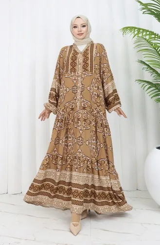 فستان منقوش بأزرار نصفية من قماش الفيسكوز 0052-02 بني 0052-02