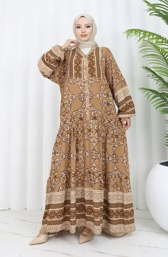 فستان منقوش بأزرار نصفية من قماش الفيسكوز 0052-02 بني 0052-02