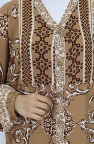 فستان منقوش بأزرار نصفية من قماش الفيسكوز 0052-02 بني 0052-02