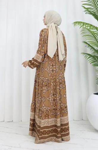 فستان منقوش بأزرار نصفية من قماش الفيسكوز 0052-02 بني 0052-02