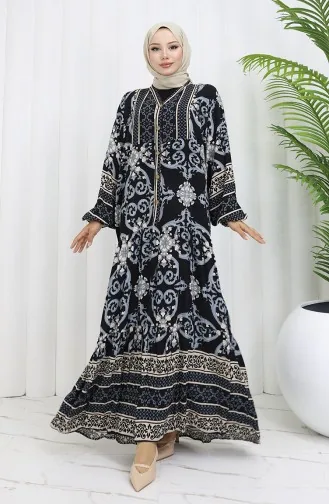 فستان منقوش بنصف أزرار من قماش الفيسكوز 0052-03 أسود 0052-03