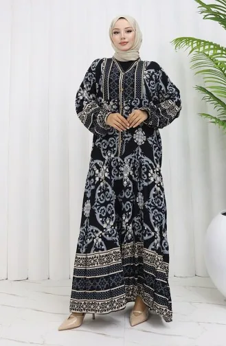 فستان منقوش بنصف أزرار من قماش الفيسكوز 0052-03 أسود 0052-03