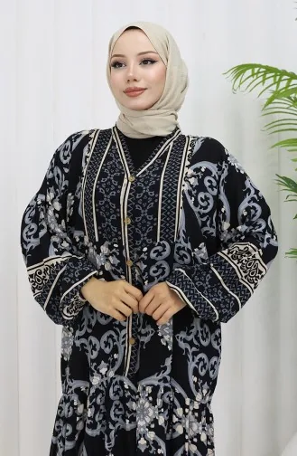 فستان منقوش بنصف أزرار من قماش الفيسكوز 0052-03 أسود 0052-03