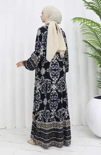 فستان منقوش بنصف أزرار من قماش الفيسكوز 0052-03 أسود 0052-03