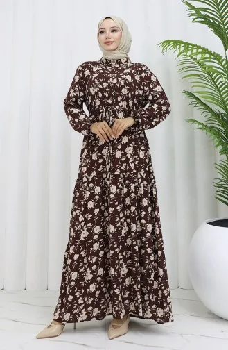 Robe à Motifs En Tissu Viscose à Demi-boutonnage 0053-01 Marron 0053-01