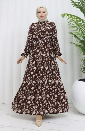 Robe à Motifs En Tissu Viscose à Demi-boutonnage 0053-01 Marron 0053-01