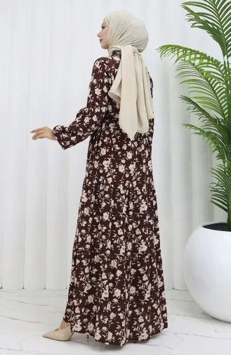 Robe à Motifs En Tissu Viscose à Demi-boutonnage 0053-01 Marron 0053-01
