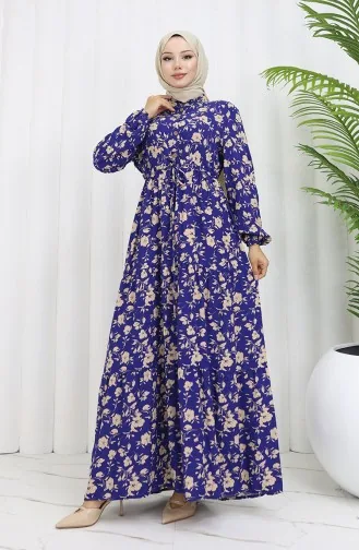 Robe à Motifs En Tissu Viscose à Demi-boutonnage 0053-02 Bleu Marine 0053-02