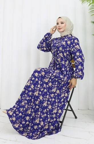 Robe à Motifs En Tissu Viscose à Demi-boutonnage 0053-02 Bleu Marine 0053-02