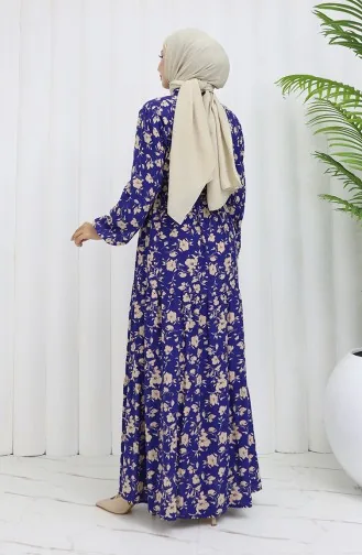 Robe à Motifs En Tissu Viscose à Demi-boutonnage 0053-02 Bleu Marine 0053-02