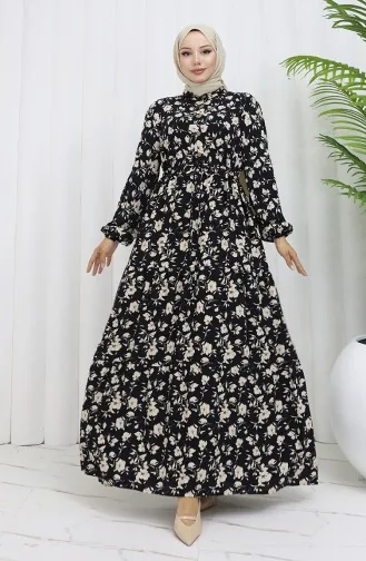 Viscose Fabric Half Buttoned Patterned Dress 0053-04 Black 0053-04