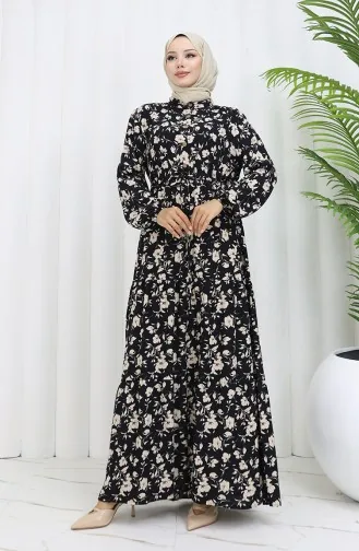 Viscose Fabric Half Buttoned Patterned Dress 0053-04 Black 0053-04
