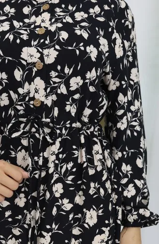 Viscose Fabric Half Buttoned Patterned Dress 0053-04 Black 0053-04