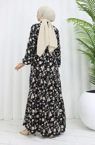 Viscose Fabric Half Buttoned Patterned Dress 0053-04 Black 0053-04