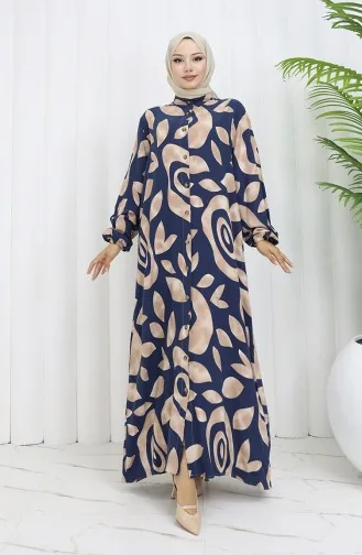 Viskon Kumaş Boydan Düğmeli Desenli Elbise 2029-04 Sütlü kahve Lacivert