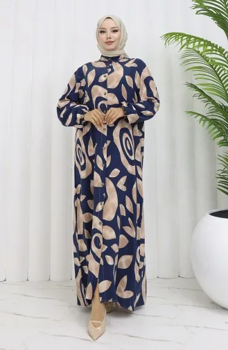 Viskon Kumaş Boydan Düğmeli Desenli Elbise 2029-04 Sütlü kahve Lacivert