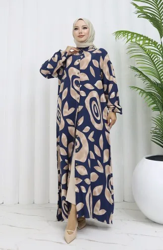 Viskon Kumaş Boydan Düğmeli Desenli Elbise 2029-04 Sütlü kahve Lacivert