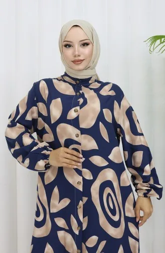 Viskon Kumaş Boydan Düğmeli Desenli Elbise 2029-04 Sütlü kahve Lacivert