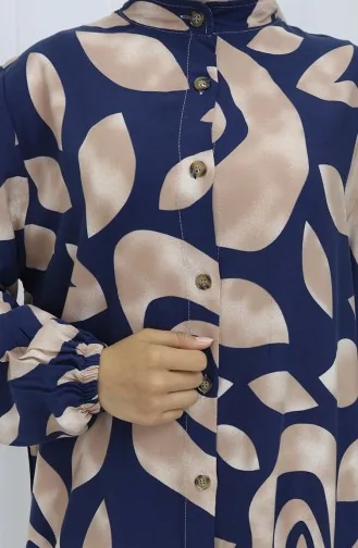 Viskon Kumaş Boydan Düğmeli Desenli Elbise 2029-04 Sütlü kahve Lacivert