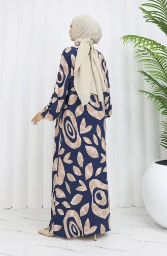 Viskon Kumaş Boydan Düğmeli Desenli Elbise 2029-04 Sütlü kahve Lacivert