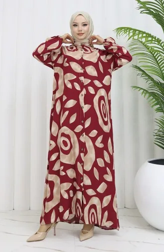 Viskon Kumaş Boydan Düğmeli Desenli Elbise 2029-05 Sütlü kahve Bordo