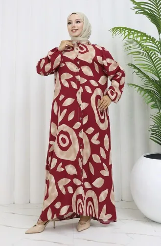 Viskon Kumaş Boydan Düğmeli Desenli Elbise 2029-05 Sütlü kahve Bordo
