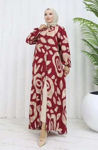 Viskon Kumaş Boydan Düğmeli Desenli Elbise 2029-05 Sütlü kahve Bordo