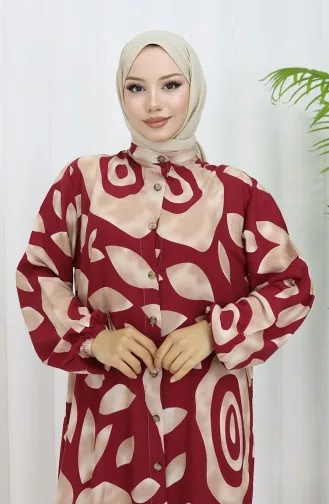 Viskon Kumaş Boydan Düğmeli Desenli Elbise 2029-05 Sütlü kahve Bordo