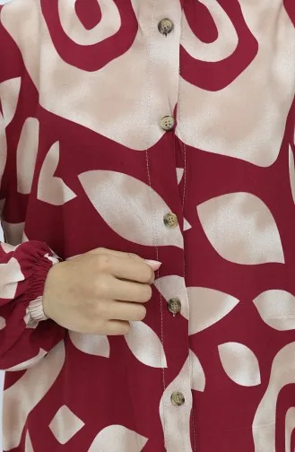 Viskon Kumaş Boydan Düğmeli Desenli Elbise 2029-05 Sütlü kahve Bordo