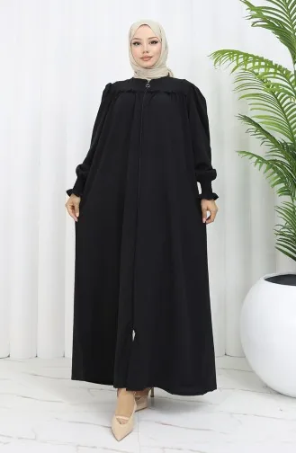 Abaya Zippée à Manches élastiques 2035-01 Noir 2035-01