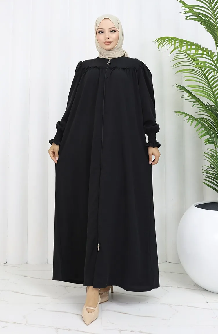 Abaya Zippée à Manches élastiques 2035-01 Noir 2035-01