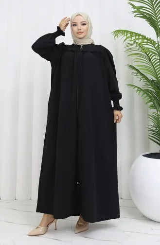 Abaya Zippée à Manches élastiques 2035-01 Noir 2035-01