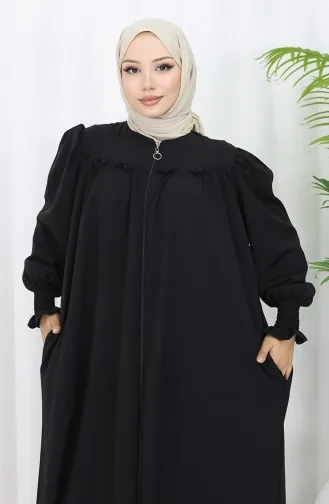 Abaya Zippée à Manches élastiques 2035-01 Noir 2035-01