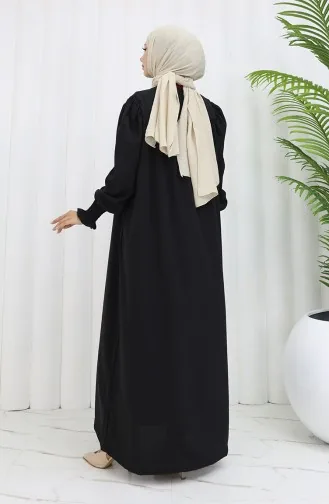 Abaya Zippée à Manches élastiques 2035-01 Noir 2035-01