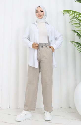 Beli Lastikli Kot Pantolon 9633-06 Taş
