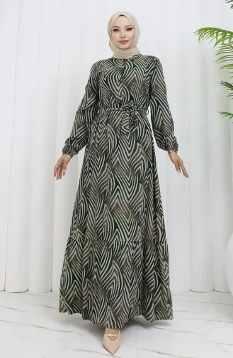 Viskon Kumaş Desenli Elbise 4074-03 Haki