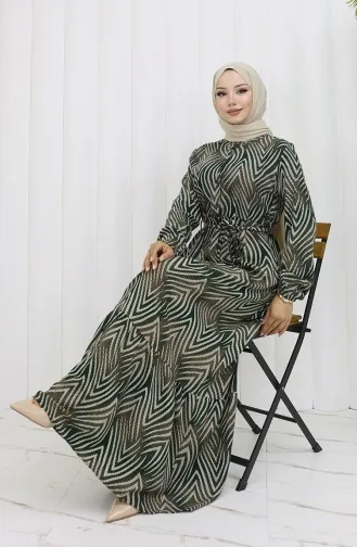 Viskon Kumaş Desenli Elbise 4074-03 Haki