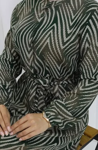 Viskon Kumaş Desenli Elbise 4074-03 Haki