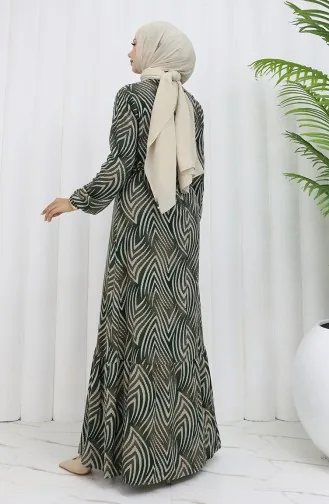 Viskon Kumaş Desenli Elbise 4074-03 Haki