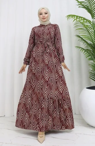 Viskon Kumaş Desenli Elbise 4074-04 Bordo