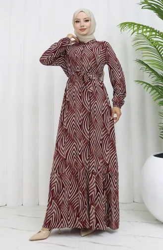 Viskon Kumaş Desenli Elbise 4074-04 Bordo