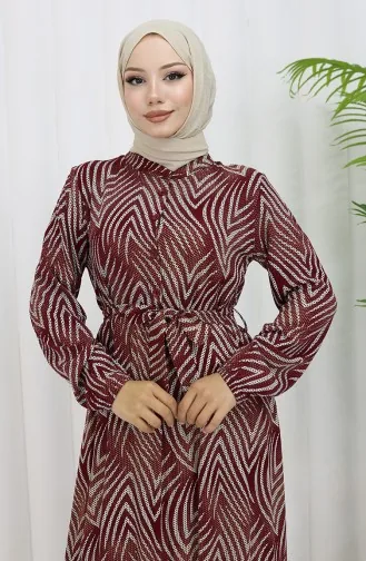 Viskon Kumaş Desenli Elbise 4074-04 Bordo