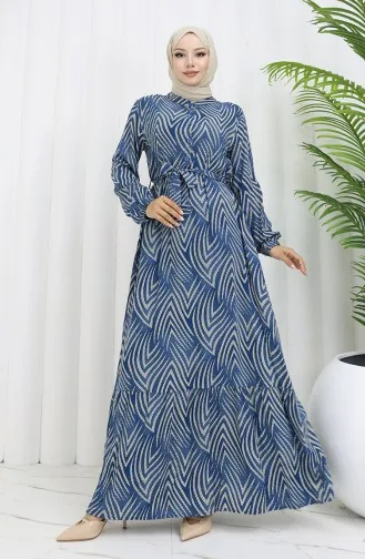 Viskon Kumaş Desenli Elbise 4074-05 İndigo