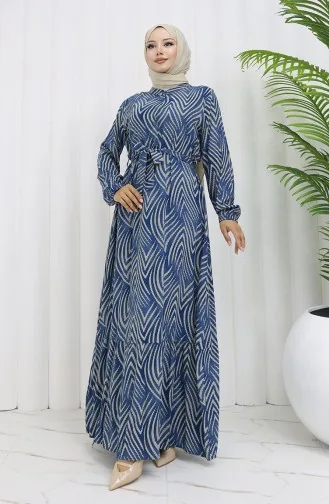 Viskon Kumaş Desenli Elbise 4074-05 İndigo